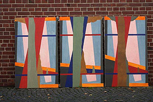 Malerei 3 Bilder Till Schneider abstrakt rot orange blau weiss gr&uuml;n 